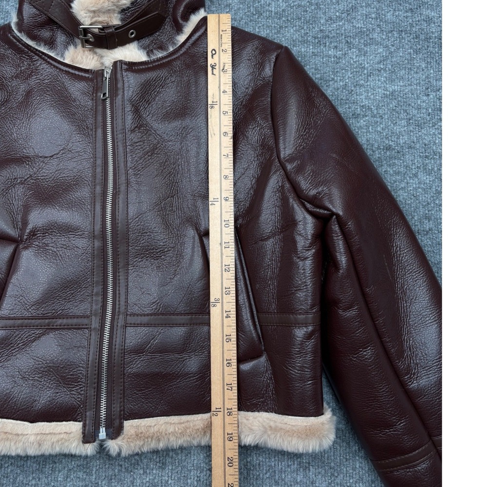 36points Womens Small Burgundy Faux Leather Aviator Bomber Jacket Faux Fur Trim - Picture 4 of 16